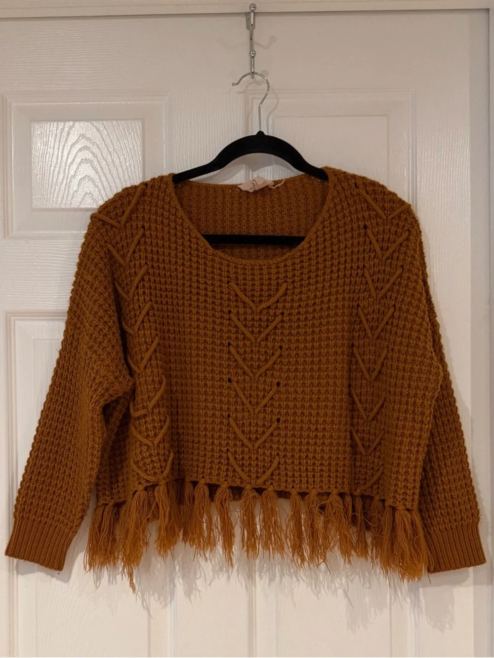 Flawed Anthropologie Moon River Burnt Orange Cropped Sweater Fringe Hem Size S